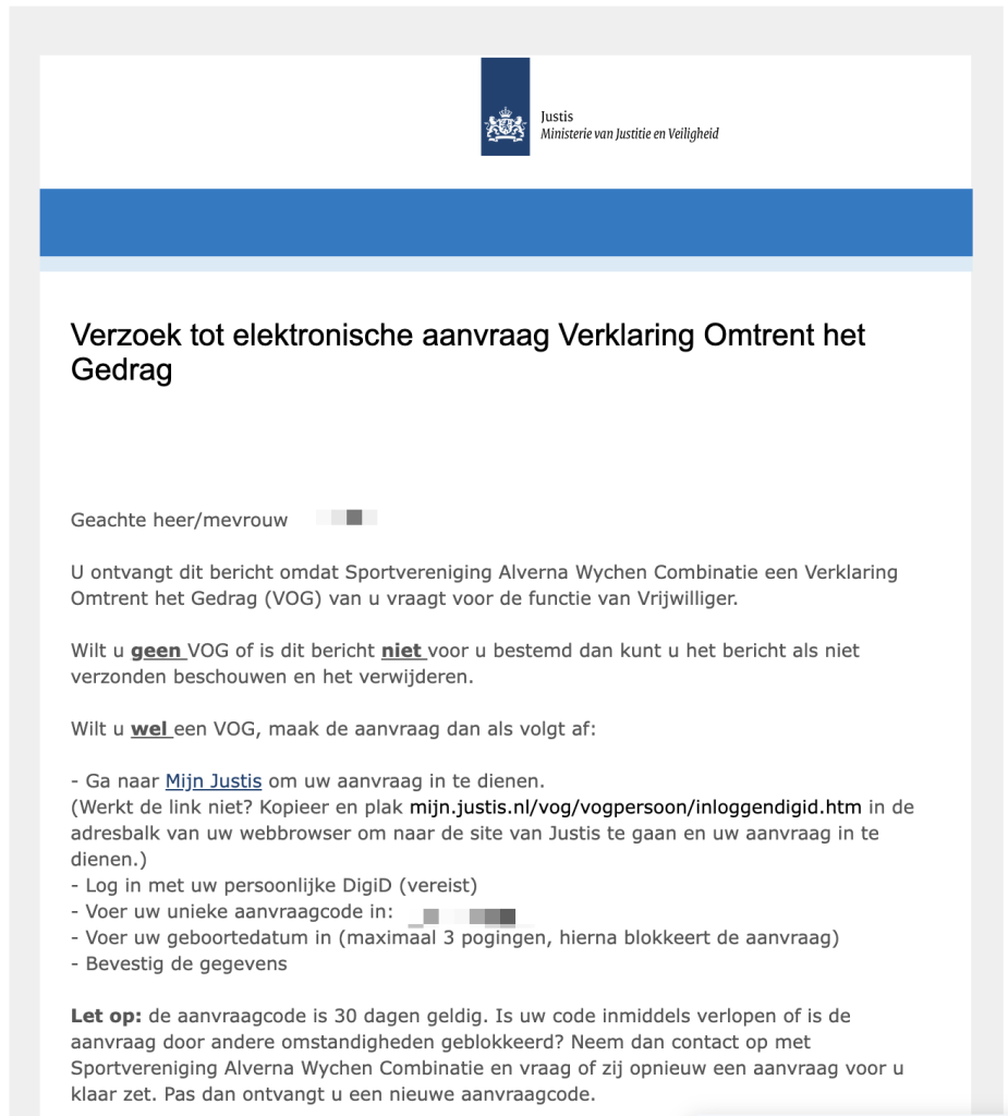 Voorbeeld van een mail vanuit Justis voor een Verzoek tot elektronische aanvraag Verklaring Omtrent het Gedrag.